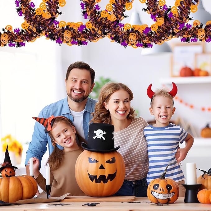 Halloween Garland Decorations,50Ft Glitter Tinsel Pumpkin Bats Spider Garland Decor for Tree Car Golf Cart Parade Float Indoor Outdoor Holiday Home Burnt Orange Black Purple (Purple)