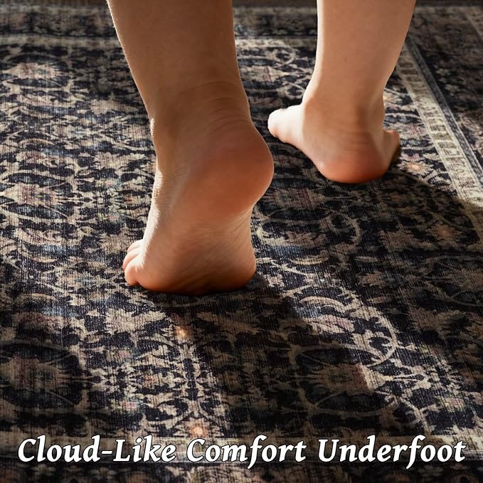 Washable 2x3 Entryway Rug, Boho Non-Slip Door Mat Vintage Distress Small Rugs for Kitchen Nursery Office Bedroom, 0.3" Neutral Oriental Throw Carpet with Cushioning Pad, Black/Brown/Blue/Multi