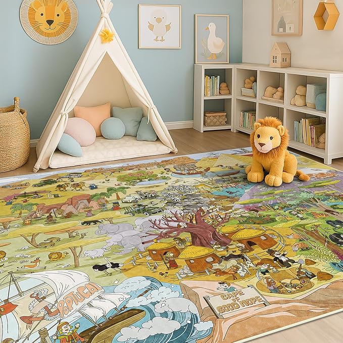 Desert Adventure Kids Rug 5x7 – Safari Animal Map Carpet with Lions, Elephants, Giraffes & Tribes – Educational Play Mat for Baby Bedroom, Classroom, or Playroom, Gold and Vibrant Decor