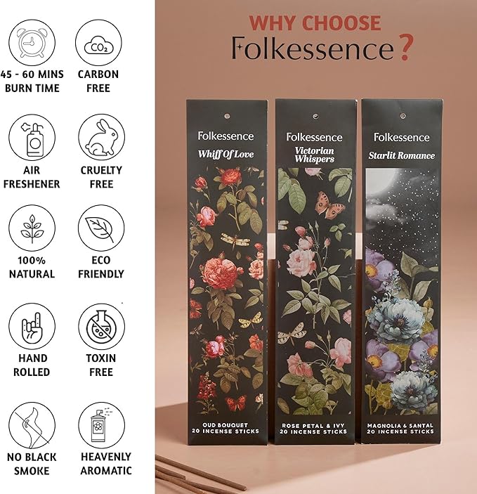 Folkulture Incense Sticks (120 Sticks) | Set of 6 Premium Romantic Incense for Valentine Day Aromatherapy Gifts| No Charcoal, Organic, Non Toxic, 45 Mins, Long Burning Rose, Honey, Oud Insence-Sticks