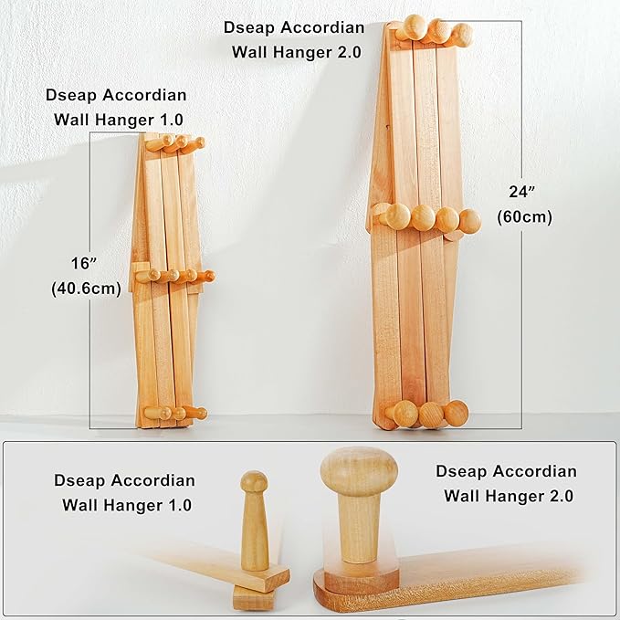 Dseap Expandable Coat Rack (Larger Version) - 24” High, Anti-Slip, Ultra Heavy Duty Wooden Accordian Wall Hanger with 10 Study Peg Hooks for Clothing Hats Jackets Bags, Natural