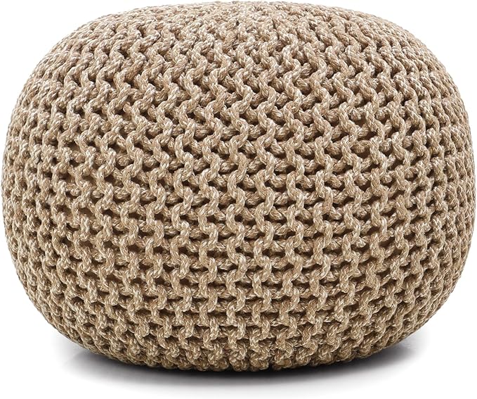 REDEARTH · Round Pouf Ottoman - Hand Knitted Cable Boho Poof Home Décor Pouffe Circular Footrest for Living Room - Nursery - Bedroom - Lounge 100% Cotton (18”x18”x14”) - Beige Ivory, Set of 2