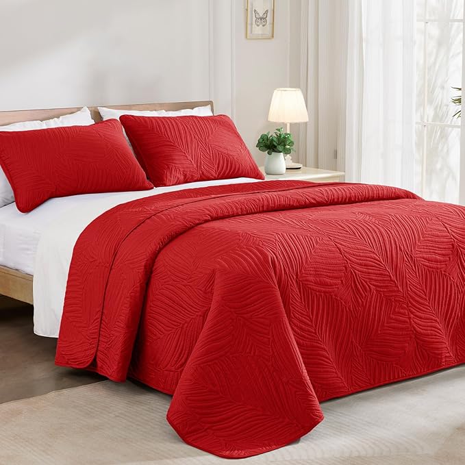 Exclusivo Mezcla Twin Quilt Bedding Set, Lightweight Red Quilts Twin Size for All Seasons, Soft Microfiber Bedspreads Coverlets Bed Cover with Leaf Pattern, 2 Piece