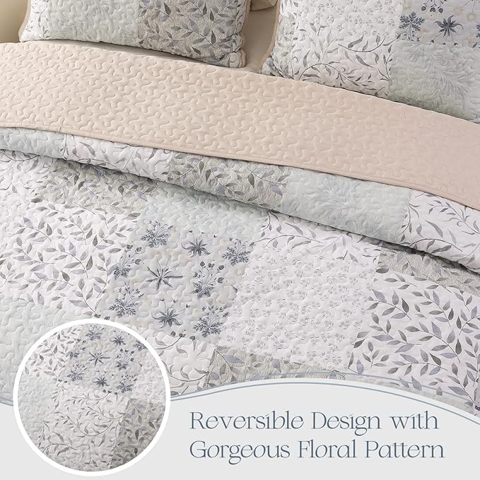 Exclusivo Mezcla Reversible Boho Quilts King Size, Gray Bedspreads Lightweight Coverlet All Season Patchwork Quilt Bedding Set with Printed Floral Pattern (1 Quilt, 2 Pillow Shams)