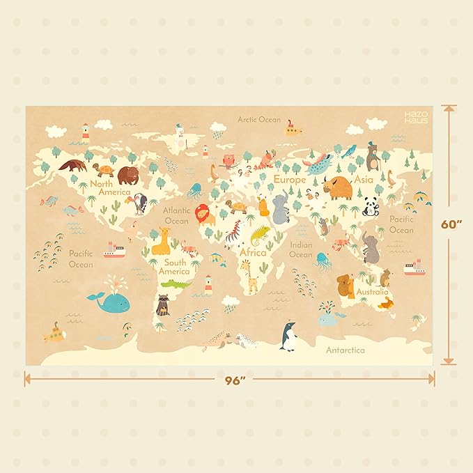 Washable Kids Playroom Rug with Animal – 5x8 Educational World Map Play Mat with Kids Room – Non-Slip, Stain Resistant, Soft & Safe for Baby, Nursery, Classroom or Bedroom - Beige