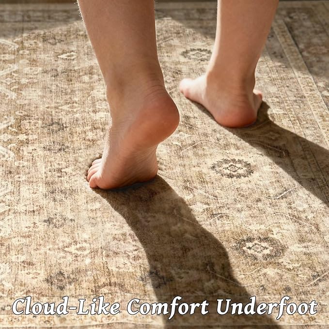 Washable 3x5 Entryway Rug, Boho Non-Slip Vintage Distress Small Rugs for Kitchen Nursery Office Bedroom, 0.3" Neutral Oriental Throw Thin Carpet with Cushioning Pad, Brown/White/Multi
