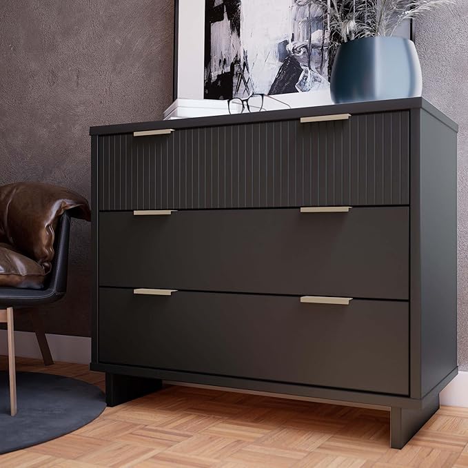 Manhattan Comfort Granville 38-Inch Solid Wood Dresser with 3 Full Extension Soft Close Drawers, Fluted Ribbed Front with Gold Metal Handles for Bedroom, Living Room, Dorm, Nursery in Dark Grey