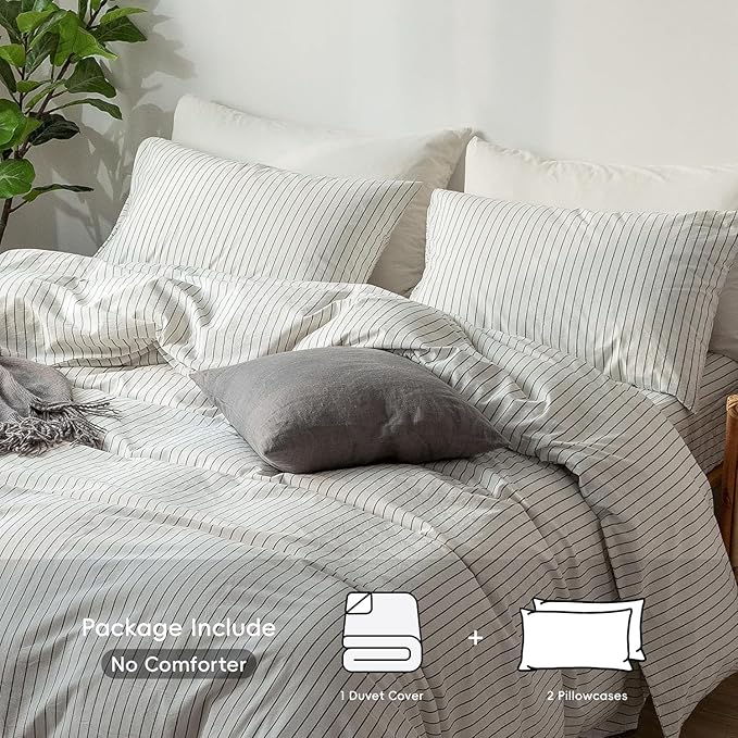 MooMee Striped Duvet Cover Set 100% Washed Cotton Linen Like Textured Breathable Durable Soft Comfy (White Dark Grey Wide Stripes, Super Queen 90"x98")