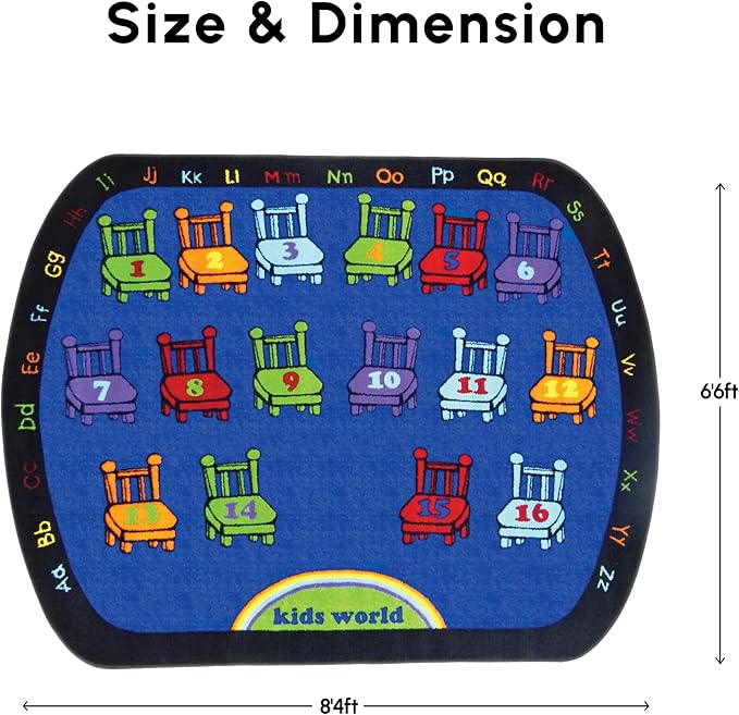 SAFECASTLE Chairs 16 Seats Kids Educational Area Rug – 6'6" x 8'4" – Colorful Numbered Seating Layout with Alphabet Border – Classroom Seating Kids Carpet for Preschool, Daycare & Kindergarten