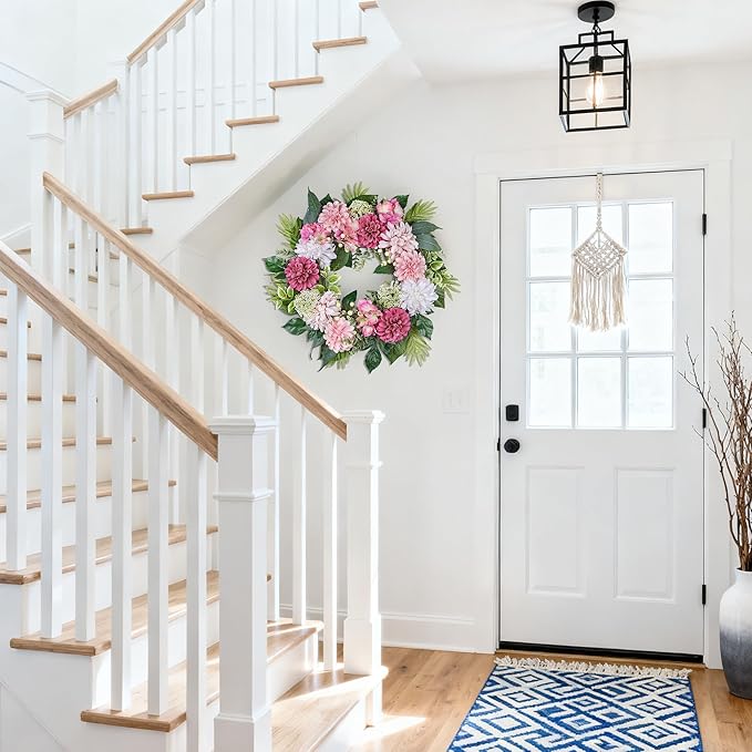 24-Inch Spring Wreath for Front Door with Hydrangeas Dahlias Daisy Silk Flowers and Berry Greenery for All Seasons Indoor Outdoor Wedding Farmhouse Porch Wall Living Room Home Wedding Decor