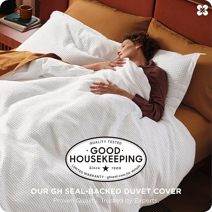 Bedsure Cotton Duvet Cover Set - 100% Cotton Waffle Weave Coconut White Duvet Cover Oversized Queen Size, GentleSoft™ and Breathable Bedding Set for All Season, 3 Pieces, 98"x98"