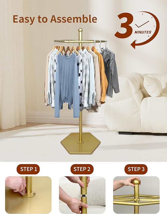 Heavy-Duty Metal Rotating Clothes Rack，Rack Load 200lbs,Gold Round Clothing Rack，Retail Clothing & Garment Racks,With Adjustable Pad Base, For Bedroom, Boutique & Laundry Room