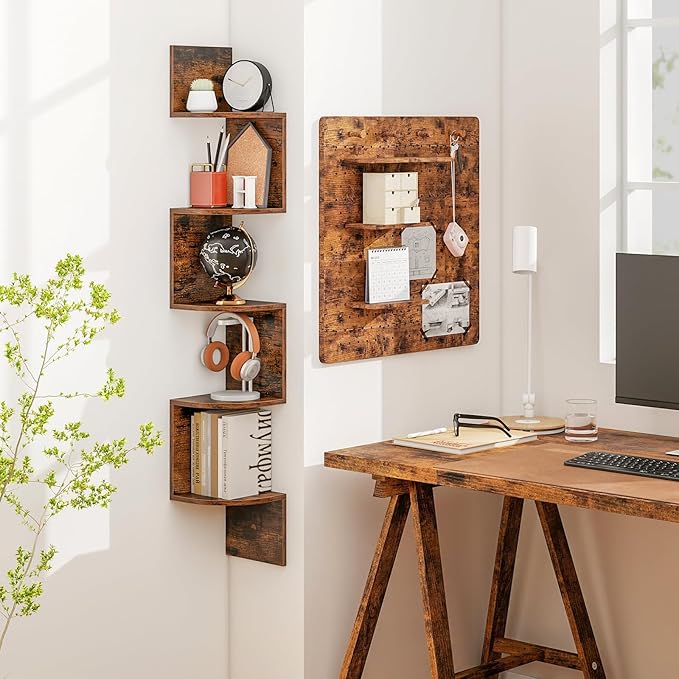 Tangkula 5-Tier Corner Shelf Wall Mount, Farmhouse Floating Corner Bookshelf, Industrial Modern Display Shelf Stand, Wooden Storage Organizer for Living Room Home Office (1, Rustic Brown)