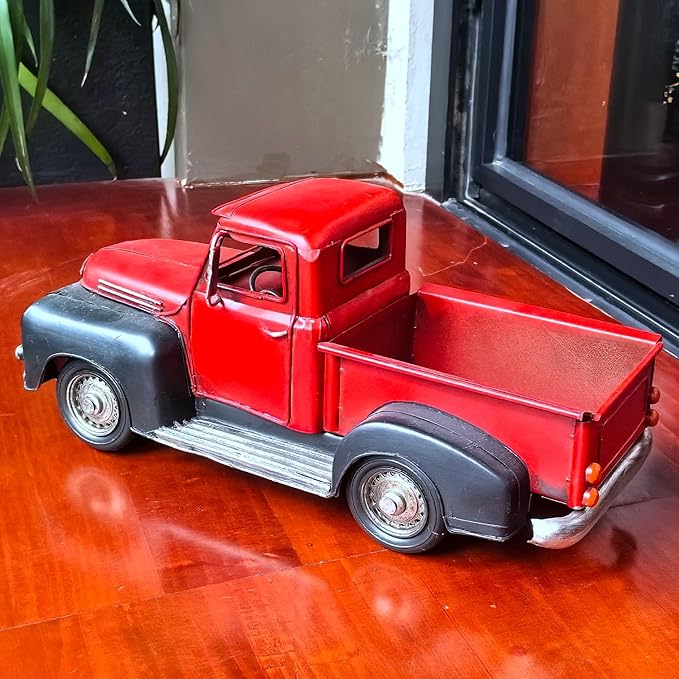 Vintage Farmhouse Black Red Truck Pickup Truck Rustic Metal Home Decor Collectible Vehicle Car Model Home Table Desktop Tabletop Gift Decoration