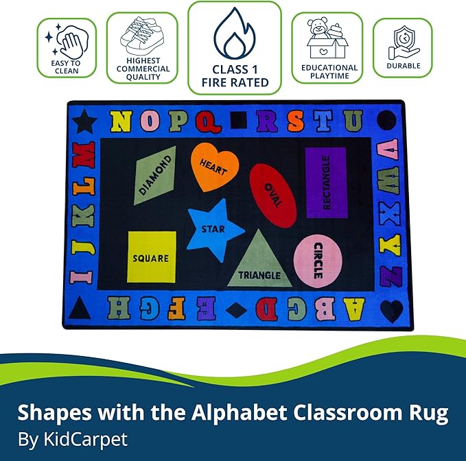 KIDCARPET.COM Shapes with The Alphabet Classroom Rug 7'6" x 12' Rectangle, Educational Classroom Rug, Kids Learning Play Mat | Area Rug for Bedroom or Playroom