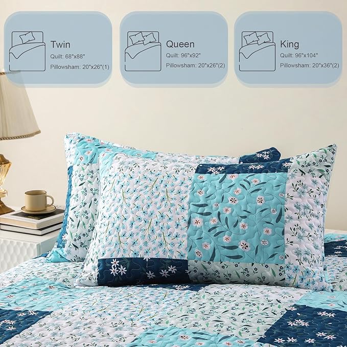 Whale Flotilla Patchwork Quilt Twin Size, Extra Soft Boho Floral Bedspreads for Bed Reversible Lightweight Twin Quilt Bedding Set Printed Coverlets with 1 Pillow Sham for All Seasons, Blue