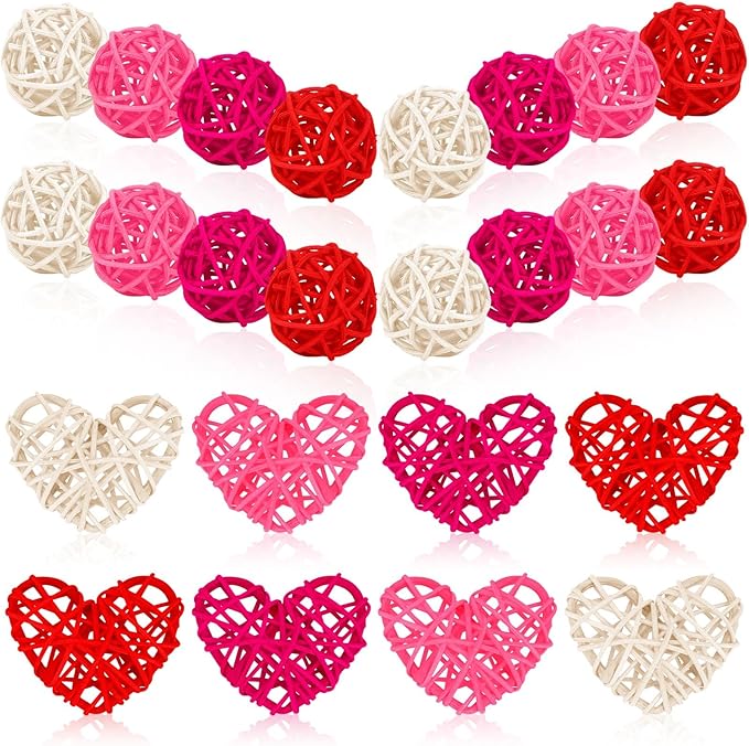NOVWANG 40 Pcs Valentine's Day Rattan Balls Decorative, Centerpieces Vase Filler Heart Wicker Ball for Valentine's Day Wedding Party Decoration Table Hanging Decor DIY Crafts (Red, Rose, Pink, White)