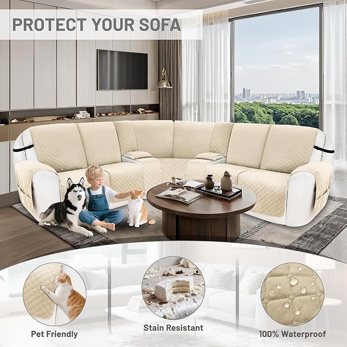 Reclining Sectional Couch Covers 100% Waterproof Velvet L Shape Recliner Couch Covers for Sofa Pets Washable Anti Slip Recliner Slipcovers with Pockets (5 Seat Sofa with 2 Console, Beige)