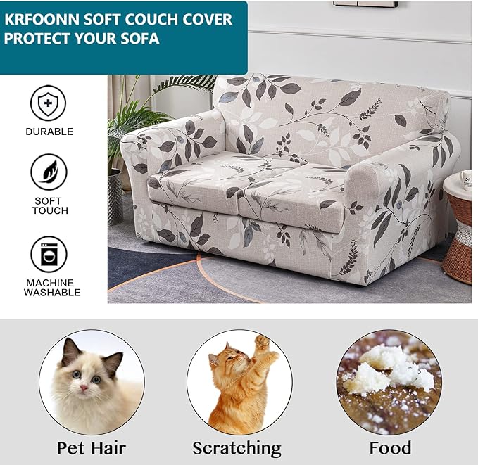KRFOONN 3 Piece Stretch Sofa Couch Covers for 2 Cushion Couches Printed Sofa Loveseat Slipcover with 2 Separate Seat Cushion Covers Washable Sofa Slip Covers Furniture Protector (Loveseat, 23), Medium