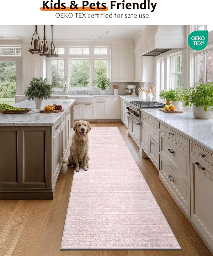 Art&Tuft Non-Slip Runner Rug - 2x8 Runner Rug Washable Low-Pile Rugs Runners, Soft Distressed Carpet Runner for Bedroom Bathroom Kitchen Laundry Living Room, Lightpink