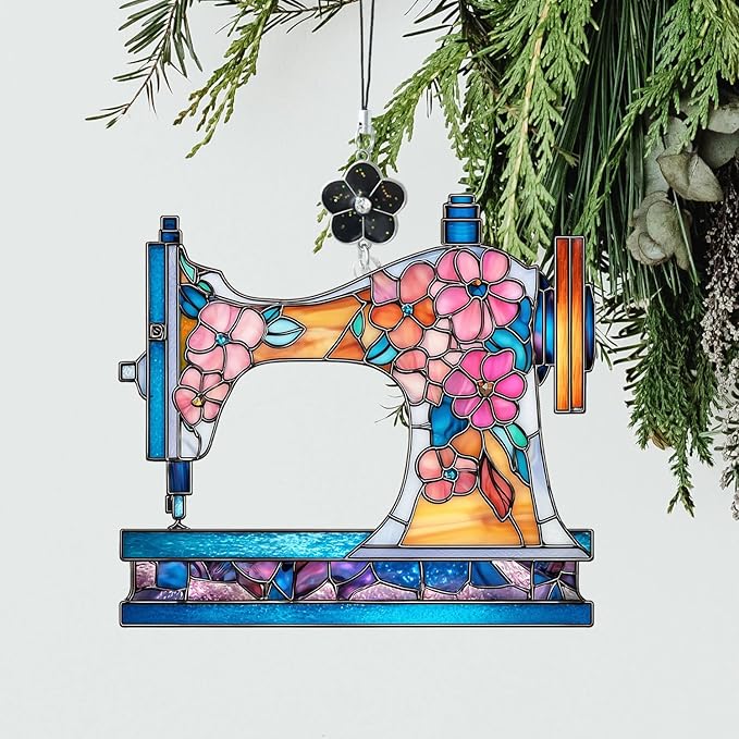 Sewing Machine Stained Glass Style Ornament, Acrylic Window Hanging Suncatcher Decoration, Colorful Vintage Sewing Machine with Floral Decor for Christmas Tree, Craft Room or Home, Gift for Women Mom