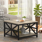 GreenForest Modern Living Room Coffee Table with 2 Tier Storage, Small Square Wood and Metal Farmhouse Center Table with Seamless One-Piece Tabletop, 27.55 Inch, Grey Wash