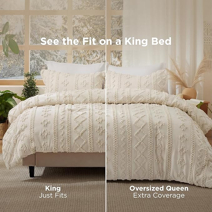 Bedsure Tufted Boho Comforter Set King Size - Beige Boho Bed Set, GentleSoft™ 3 Pieces Farmhouse Shabby Chic Embroidery Bedding, Gifts for Woman, Soft Jacquard King Comforter for All Seasons