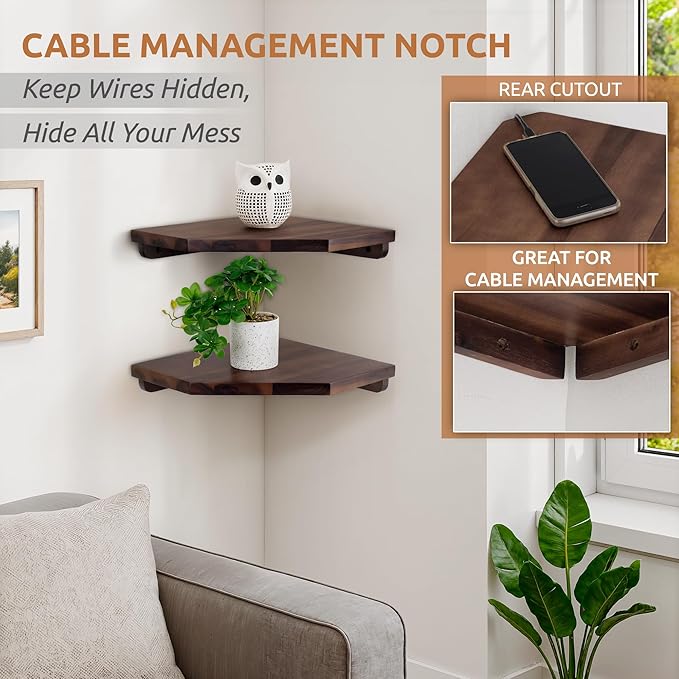 Demigo Hexagon Corner Floating Shelves Wall Mount (Set of 2) – Solid Acacia Wood with Hidden Brackets & Cable Hole – Rustic & Modern Space-Saving Shelves for Bedroom Living Room Office Kitchen