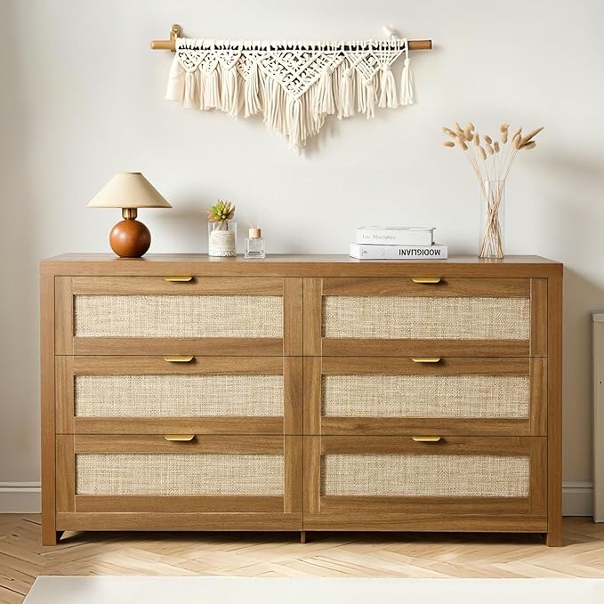 VEVOR Large Boho Dresser for Bedroom, 57" Wide Rattan Dresser 6 Drawer with Ample Storage, Modern Wood Chest of Drawers Closet TV Stand Dressers for Living Room, Walnut Oak