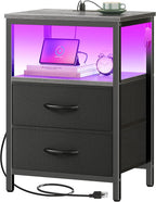 Huuger Night Stand with Charger Station and LED Lights, 2 Drawer Nightstand, Bed Side Table with Open Shelf, End Table, Fabric Dresser for Bedroom, Grey