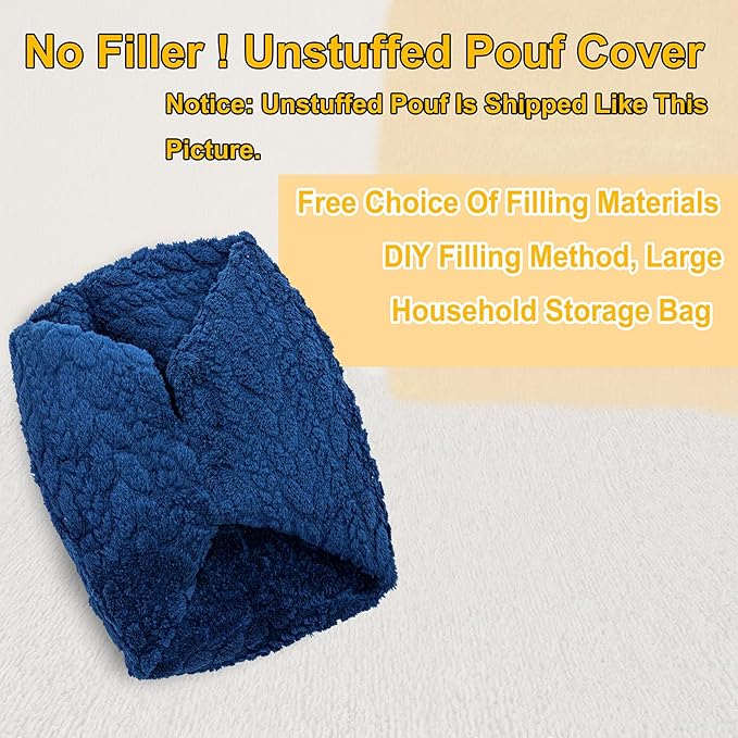 Unstuffed Ottoman Pouf Cover – Round Faux Fur Footstool Plush Floor Pouf (No Filler Included) Perfect for Living Room, Bedroom, or Office Lounge (Navy Blue, 20x20x15 in)