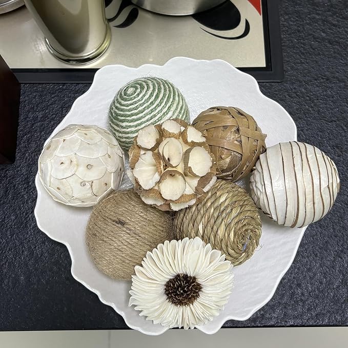 8 Pcs Decorative Balls for Home Decor,2.36 Inch Woven Wicker Rattan Balls Twig Orbs Cotton Linen Decorative Ball for Vase Filler Jar Dough Bowl
