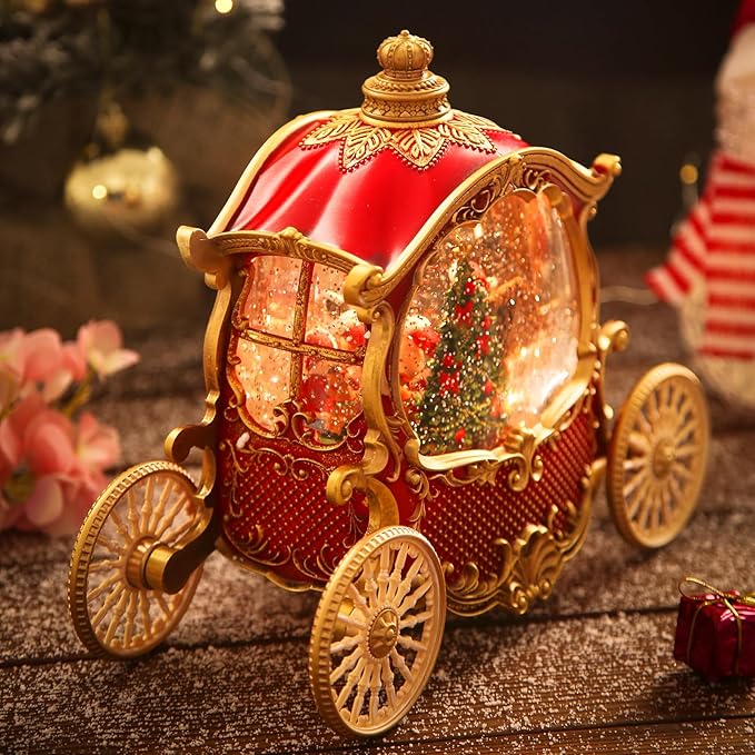 Christmas Snow Globe Carriage with Santa Claus – Vintage 8 Songs Musical Box, Automatic Snowfall, Led Light, USB or Battery Powered,for Christmas Festival Home Fall Decoration Gifts, Red
