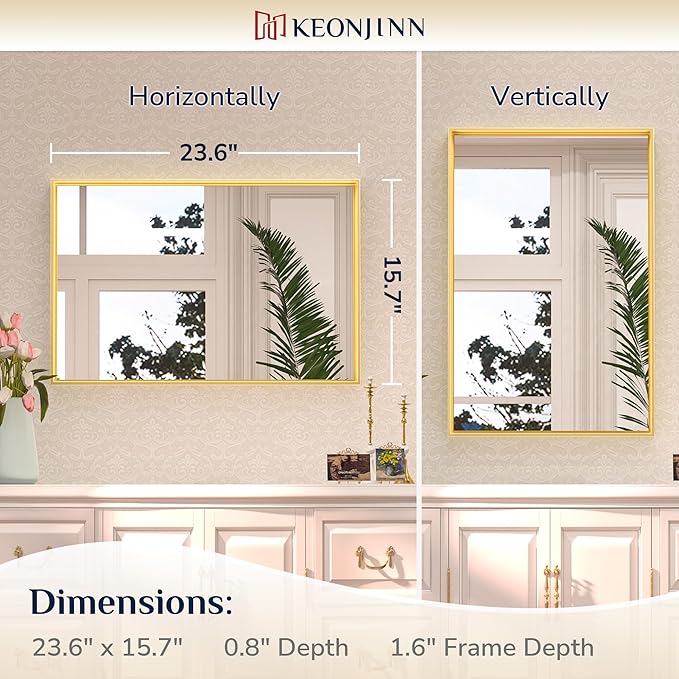 Keonjinn 16 x 24 Inch Gold Bathroom Mirror for Over Sink Brushed Gold Rectangle Wall Mounted Mirror Metal Frame Modern Farmhouse Mirror with Square Corner Framed Mirror(Horizontal/Vertical)