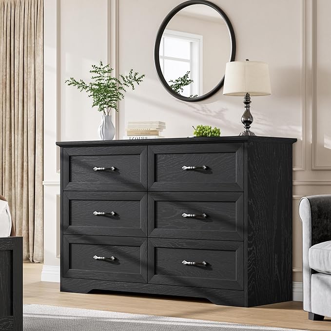 GAOMON Farmhouse 6 Double Drawers Dresser for Bedroom, 47.2'' Wide Chest of Drawer, Wooden Horizontal Dresser with Metal Handles and Stable Base, Modern Cabinet for Bedroom, Living Room, Black