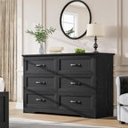 GAOMON Farmhouse 6 Double Drawers Dresser for Bedroom, 47.2'' Wide Chest of Drawer, Wooden Horizontal Dresser with Metal Handles and Stable Base, Modern Cabinet for Bedroom, Living Room, Black