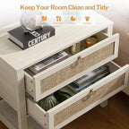 SICOTAS White Night Stand with Drawers and Storage Shelf - Large Nightstands Rattan Decor Boho Bedside Table Narrow Side Table for Bedroom, Small Space