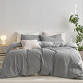 MooMee Striped Duvet Cover Set 100% Washed Cotton Linen Like Textured Breathable Durable Soft Comfy (Dark Grey White Wide Stripes, Full 80"x90")