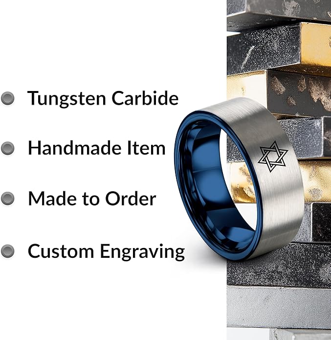 Mezuzah star Of David Ring - Gift for Jewish Family - Flat Dome Bevel - 8mm - Men Women - Yellow Gold Black Silver Blue - Anniversary Wedding - Personalized Custom Engraving - Band - Brushed Polished