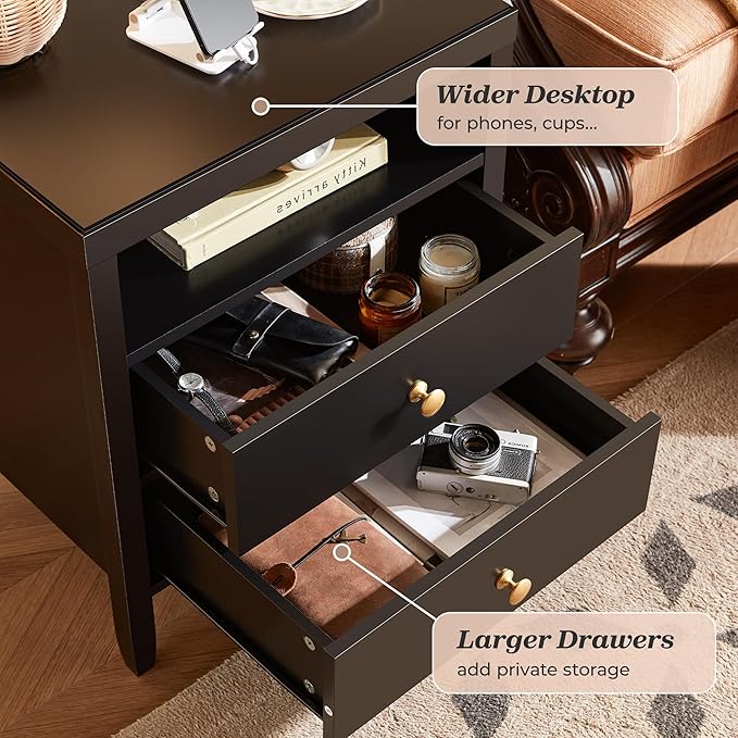 Huuger Black Nightstand Set of 2, Night Stand with Charger Station, Bedside Table with 2 Drawers, Bed Side Tables for Bedroom, Modern Nightstands, Metal Knobs, Painted Surface | with Charger Station, 2 Drawers, Bed Side Tables, for Bedroom, Metal Knobs...