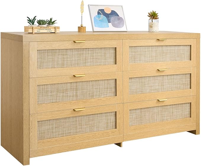 VEVOR Large Boho Dresser for Bedroom, 57" Wide Rattan Dresser 6 Drawer with Ample Storage, Modern Wooden Chest of Drawers Closet TV Stand Dressers for Living Room, Natural Oak