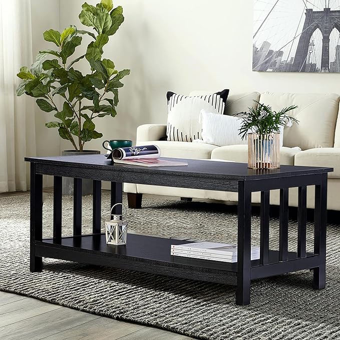 ChooChoo Mission Coffee Table, Black Wood Living Room Table with Shelf, 40 Black