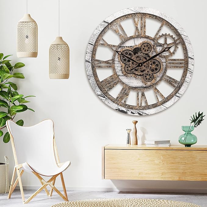 HOIBAI Wall Clock, 24 Inch Moving Gears Clock Large Wall Clock for Living Room Decor Rustic Vintage Industrial Steampunk Farmhouse Big Clock for Home Kitchen Bedroom Office