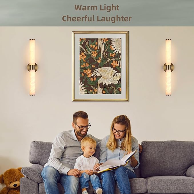 23.8in Gold Alabaster Wall Sconces Set of 2, Modern Brass Bathroom Sconce Light, Spanish Marble Wall Lamp, Hardwired LED Wall Lighting for Bedroom Living Room Staircase Hallway Dining Room