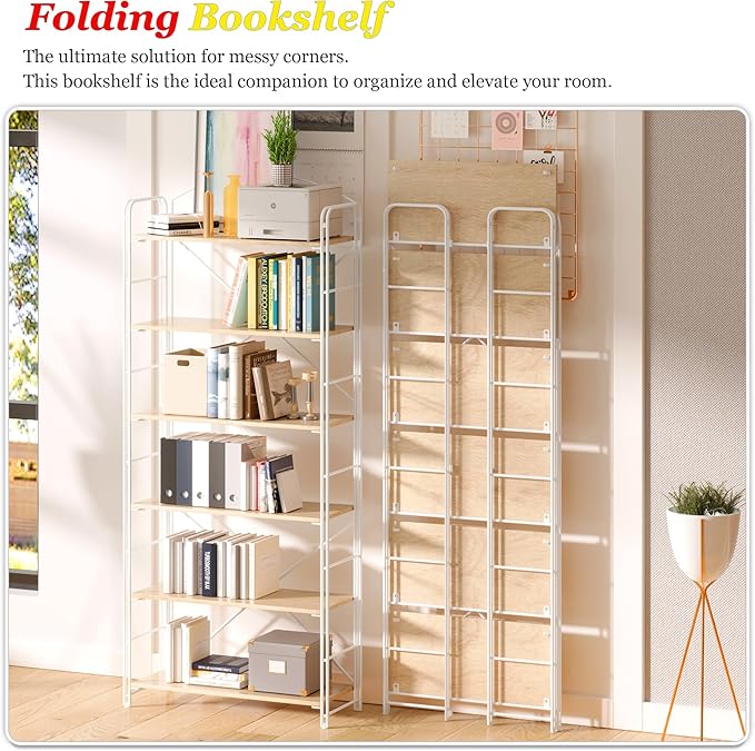 UDD Folding Bookshelf No Assembly, 65" H x 23.7" W, 6 Shelf Foldable Bookcase Industrial Collapsible Bookshelves, Open Storage Book Shelves for Small Spaces Home Office Living Room, Light Oak White