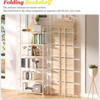 UDD Folding Bookshelf No Assembly, 65" H x 23.7" W, 6 Shelf Foldable Bookcase Industrial Collapsible Bookshelves, Open Storage Book Shelves for Small Spaces Home Office Living Room, Light Oak White