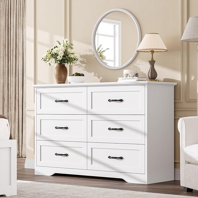 GAOMON Farmhouse 6 Double Drawers Dresser for Bedroom, 47.2'' Wide Chest of Drawer, Wooden Horizontal Dresser with Metal Handles and Stable Base, Modern Cabinet for Bedroom, Living Room, White