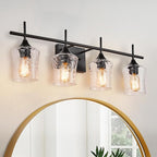Modern Glass Vanity Light Fixture,4 Light Industrail Black Metal Vanity Light for Bathroom Bedroom Living Room