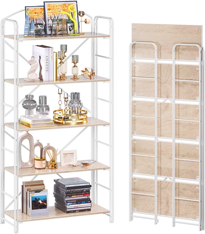 UDD Folding Bookshelf No Assembly, 54.1" H x 23.7" W, 5 Shelf Foldable Bookcase Industrial Collapsible Bookshelves, Open Storage Book Shelves for Small Spaces Home Office Living Room, Light Oak White