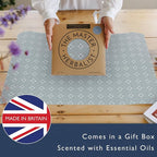 The Master Herbalist Fragrant Scented Drawer Liners in a Geometric Print (Folded) | Natural | Pack of 5 Sheets | Contains Essential Oils | Made in The UK (Dusk Blue | Fresh Linen, Folded)